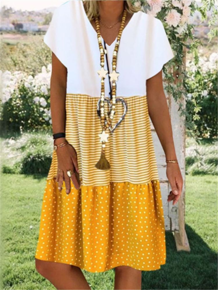 Fashion digital printing V-neck short sleeve dress women