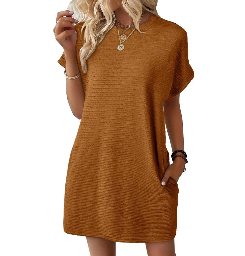Summer New Loose Round Neck Pocket Solid Color Short Sleeve Dress Women