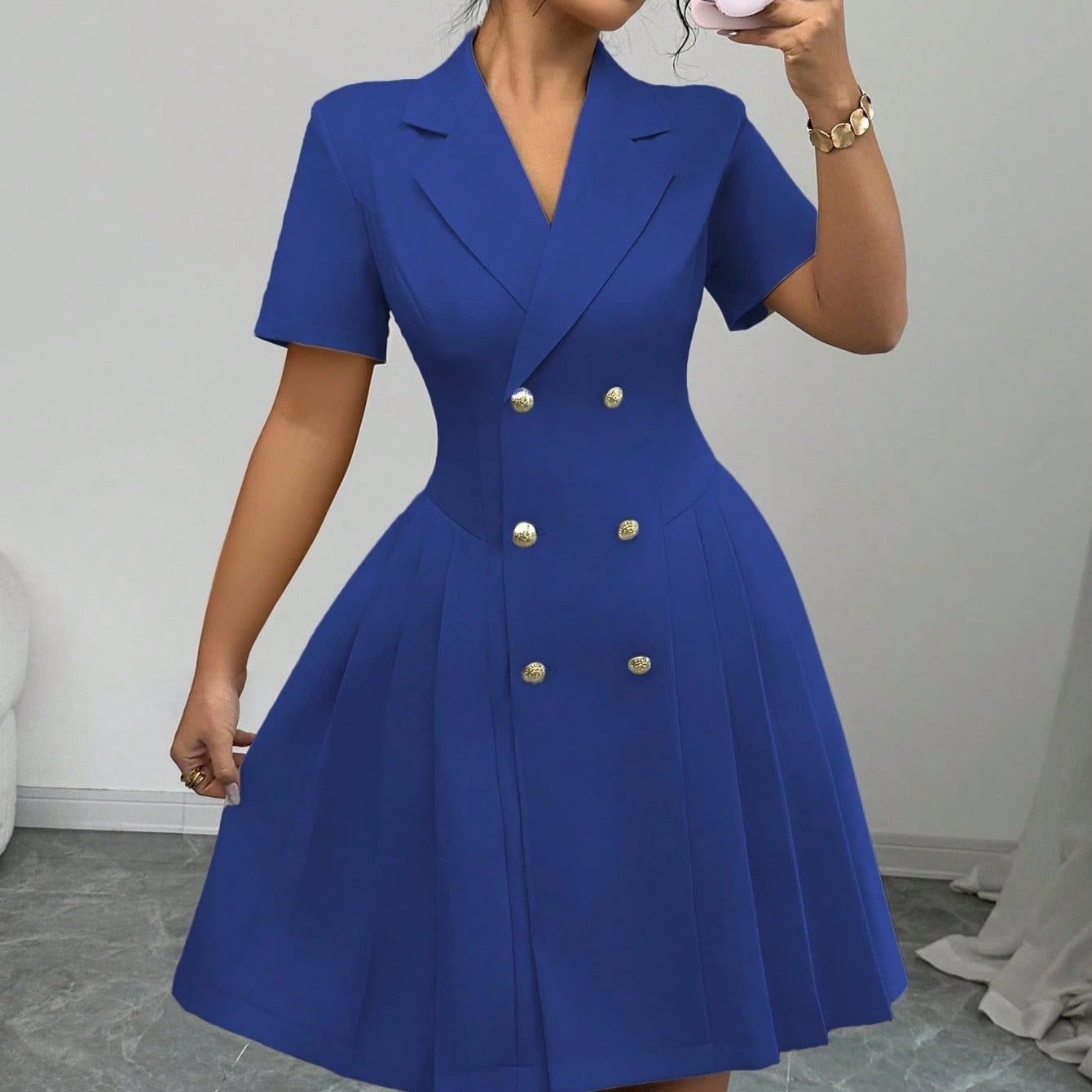 Solid Color Short-sleeved Waist-cinching Double-breasted Dress For Women