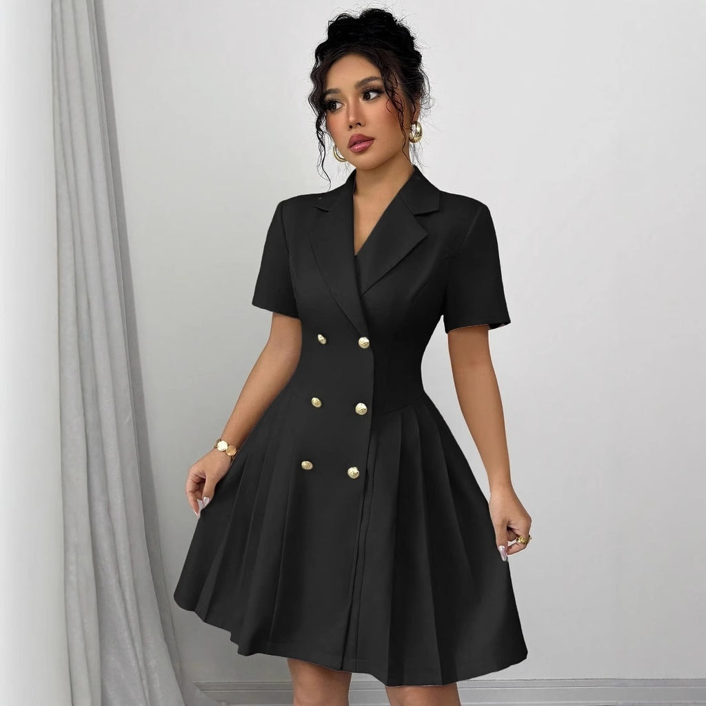 Solid Color Short-sleeved Waist-cinching Double-breasted Dress For Women