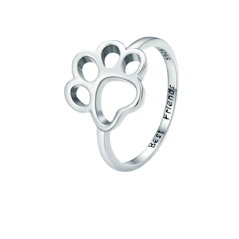 S925 Sterling Silver Ring Simple Hollow Animal Paw Print Ring