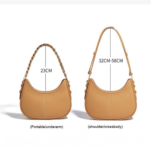 Two tan leather hobo bags with different straps and dimensions labeled 23cm and 32cm-58cm.