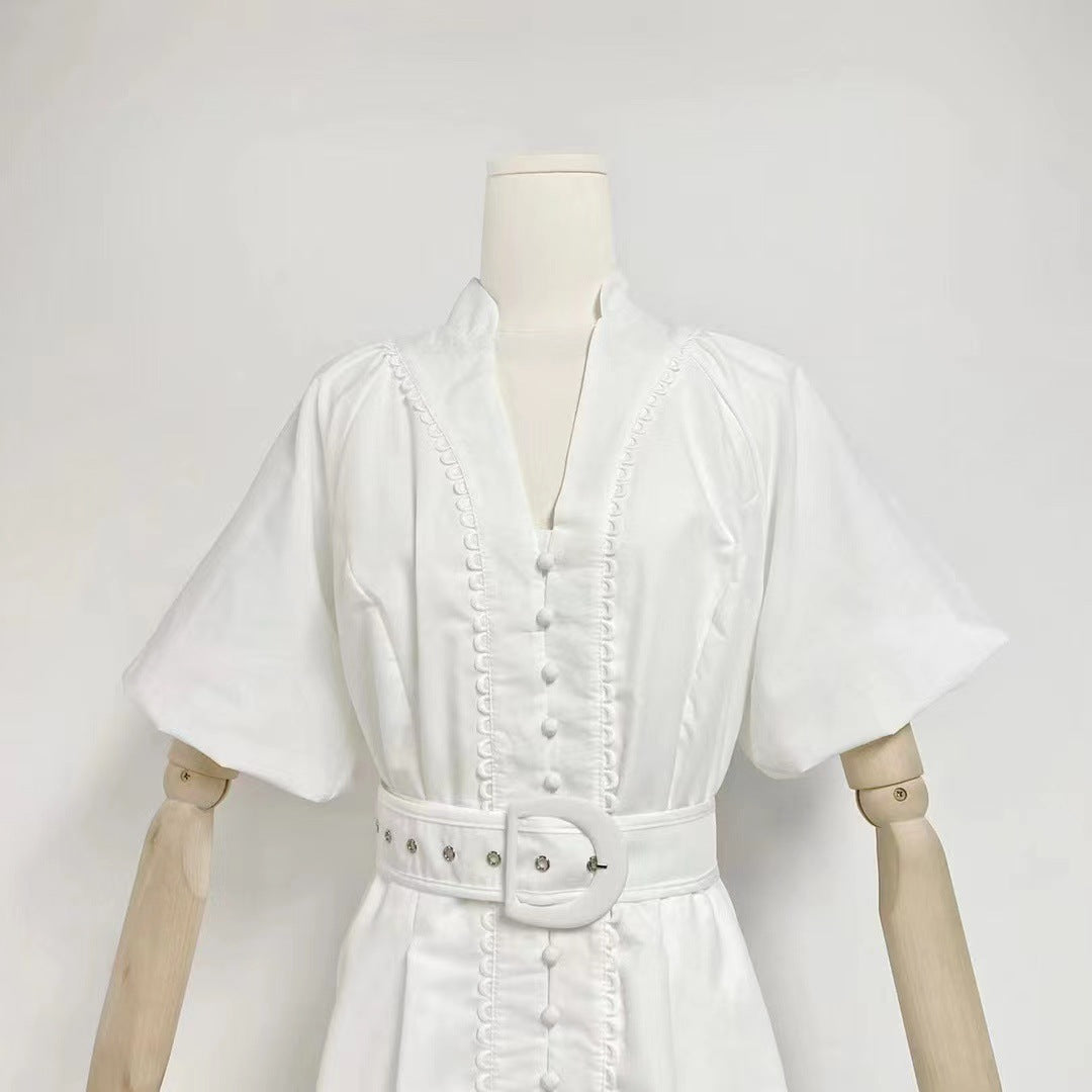 V-neck Puff Sleeve Single Breasted Belt Waist Trimming Short Dress Women
