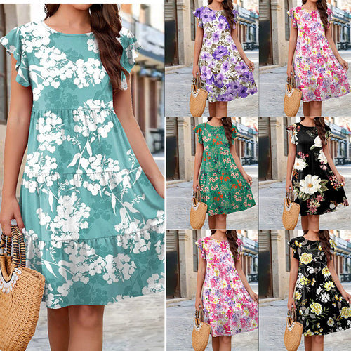 Teal floral tiered ruffle beach dress with short flutter sleeves, shown in multiple colors.