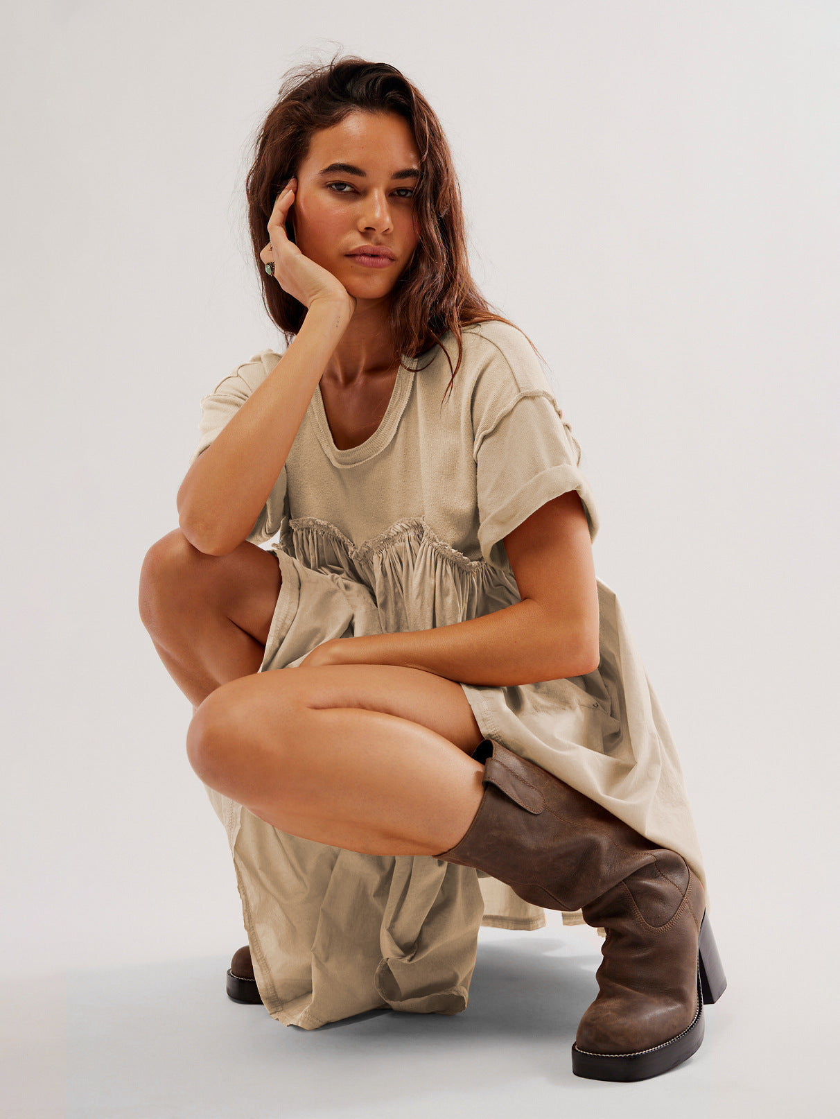Lotus Leaf Short Skirt High Waist Spring And Summer New Casual Short Sleeve Round Neck Holiday Dress Women