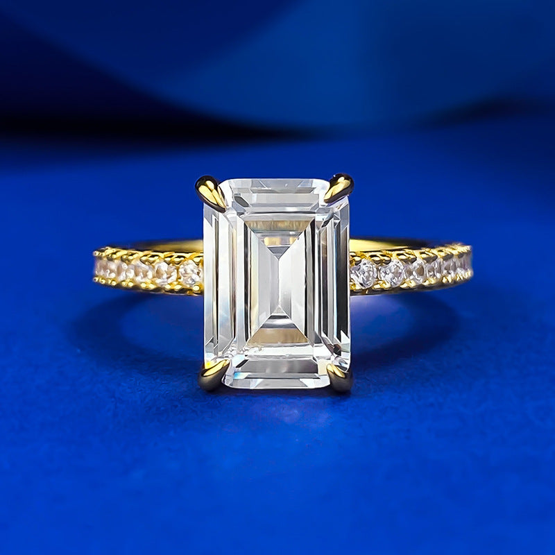 S925 Silver High Carbon Rhinestone Ring Rectangular