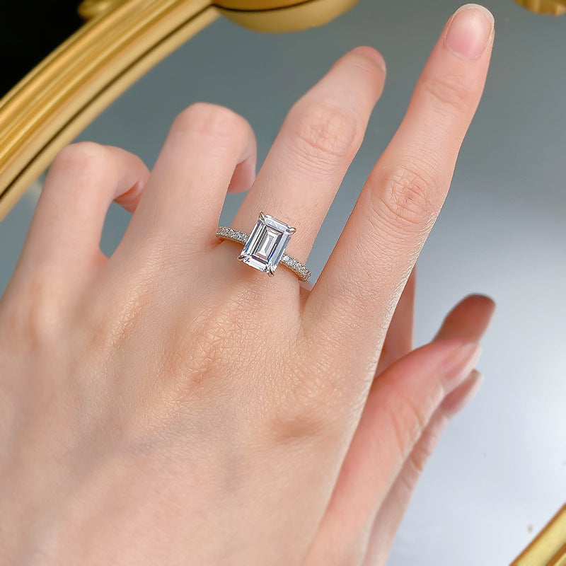 S925 Silver High Carbon Rhinestone Ring Rectangular