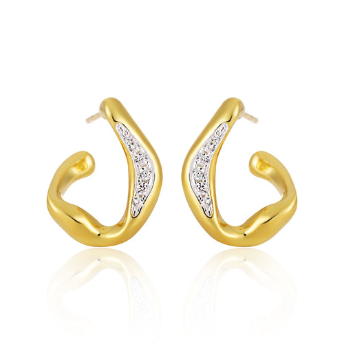Pair of gold irregular hoop earrings with a row of small diamonds embedded along the curved front.