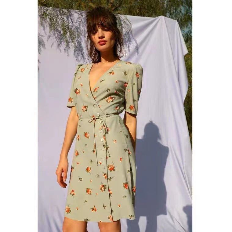 Waist-tight Floral V-neck Short Dress Women