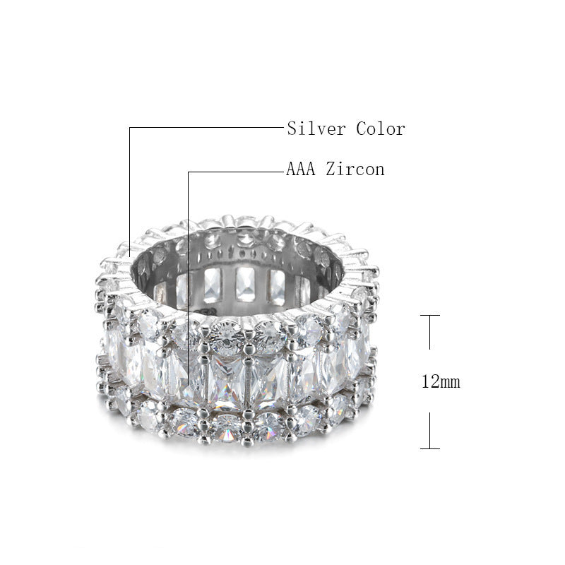 Hip Hop Bar Zircon Ring Copper Inlaid Three Row Baguette Diamond Tennis Chain Women's