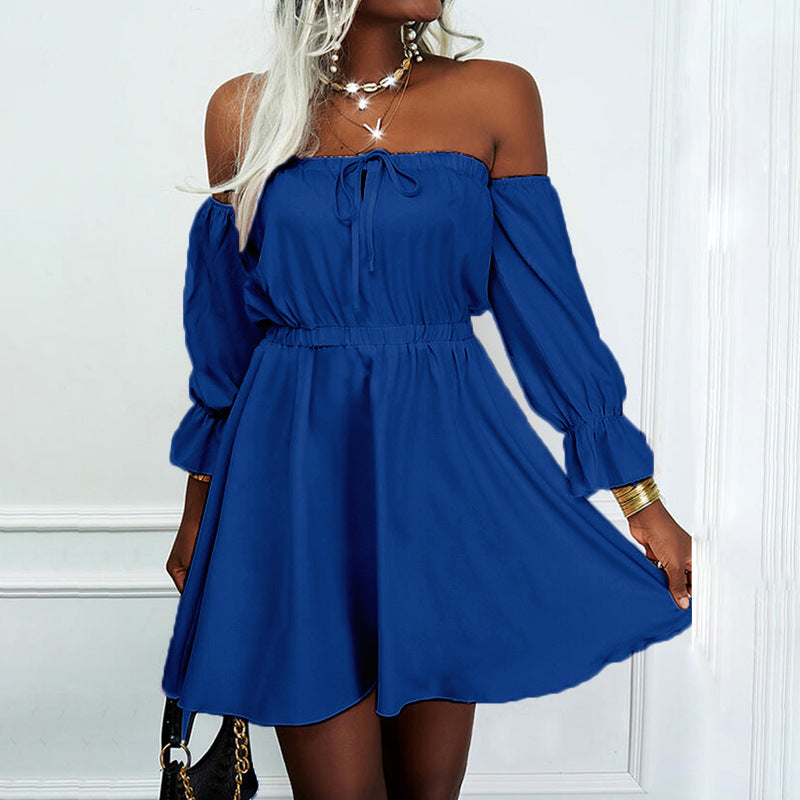 Women Solid Color Short-Sleeved One-Neck High-Waisted Dress