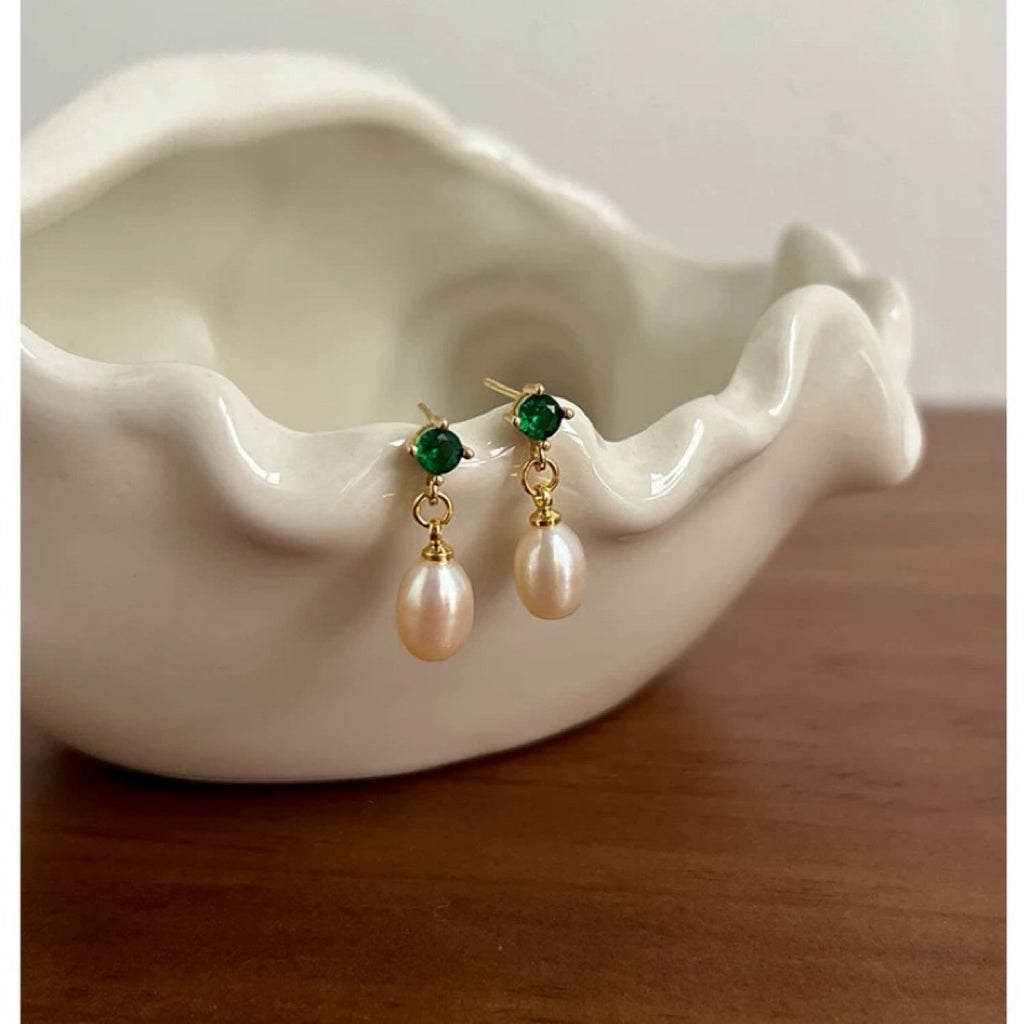 Emerald Zircon Small Eardrops Delicate Pearl Earrings French Retro