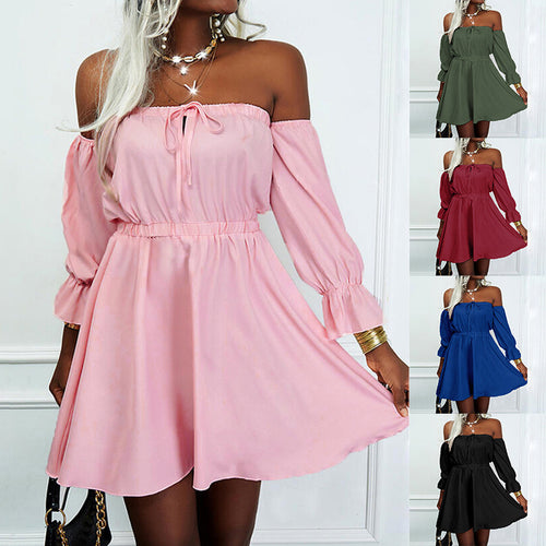 Pink off-shoulder high-waist mini dress with long sleeves and bow tie, shown in multiple colors.