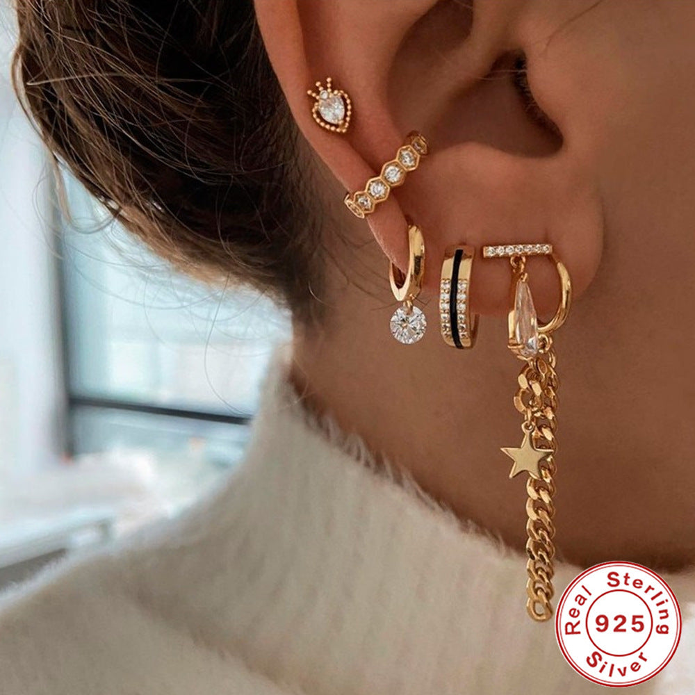 S925 Sterling Silver Simple Single Rhinestone Earrings Female