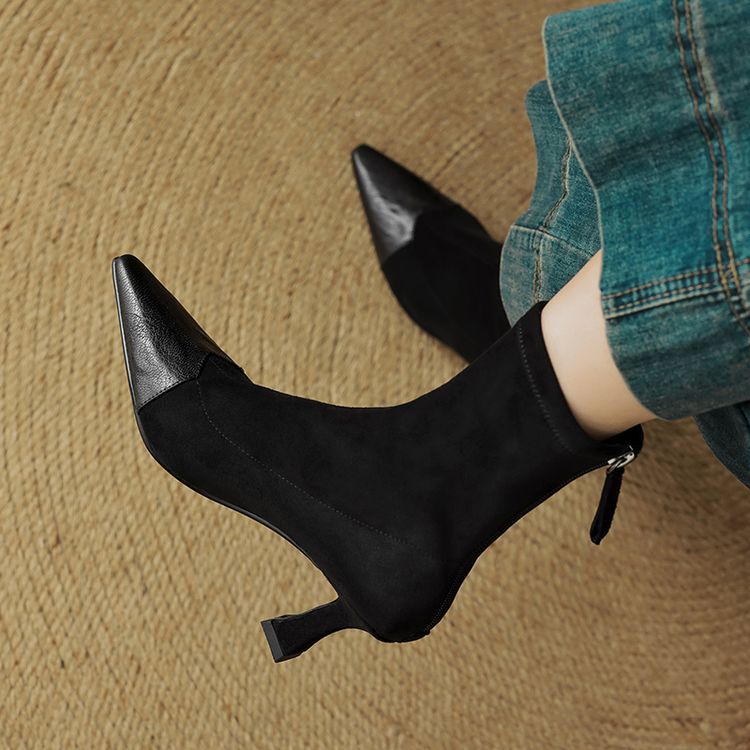 New AutumnWinter Retro Pointed-Toe Patchwork Slim Boots For Women