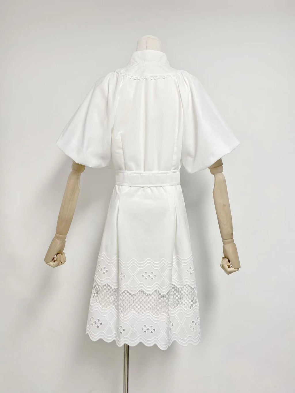 V-neck Puff Sleeve Single Breasted Belt Waist Trimming Short Dress Women