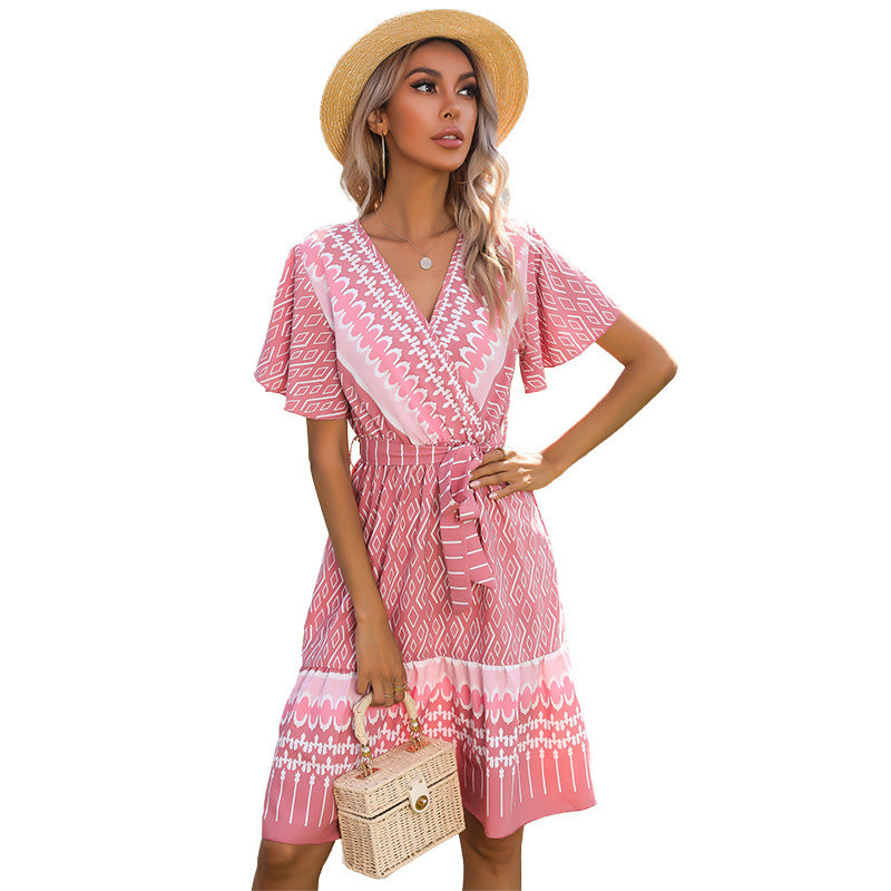 Summer New Style Printed V-Neck Short-Sleeved Lace-Up Pleated Dress Women