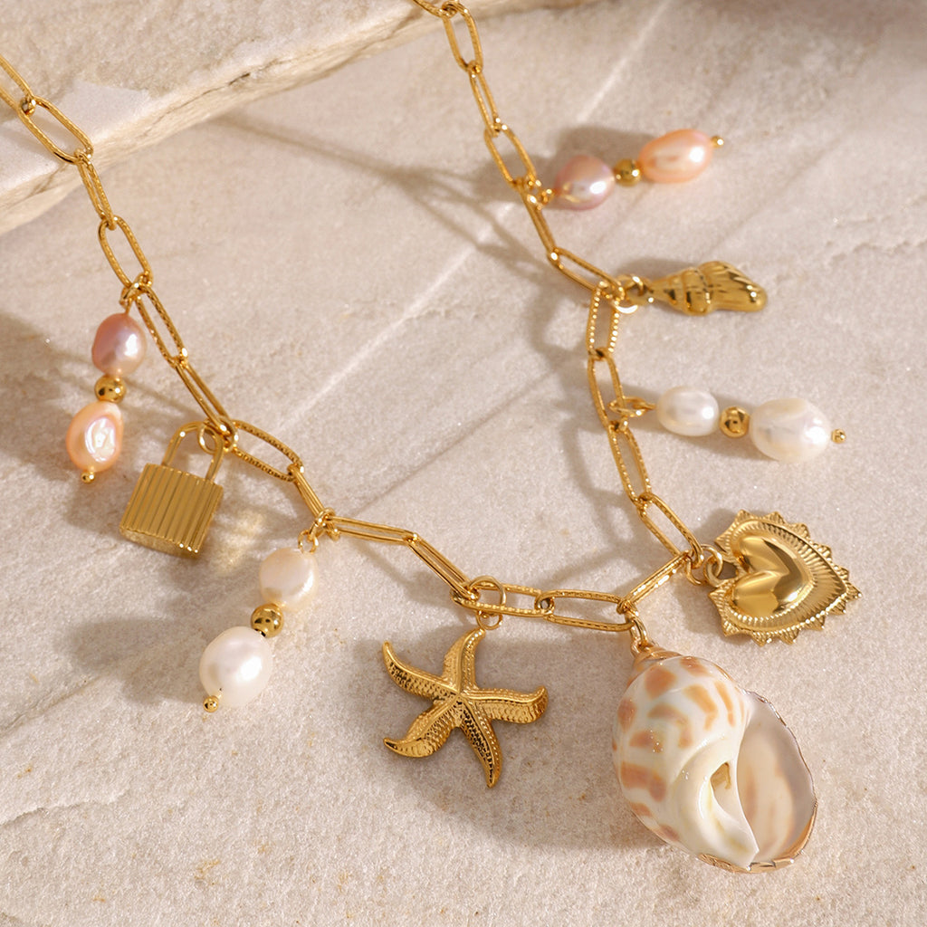 Stainless Steel Heart-shaped Pearl Pendant Necklace