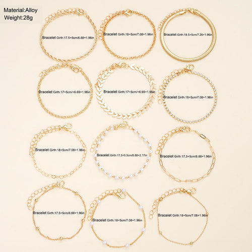 A set of twelve gold-tone alloy bracelets featuring various chain links, pearls, and rhinestones.